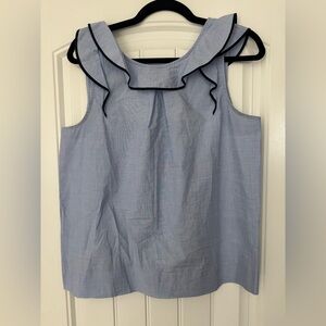 J. Crew Light Blue Ruffle Neck Blouse with Navy Trim